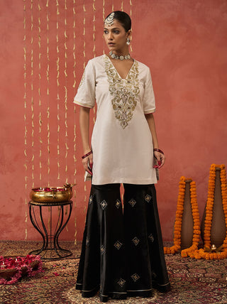 Ivory Roli Silk Embroidered Short Kurta And Sharara Set by Shivani Bhargava available on Indiaspopup.com