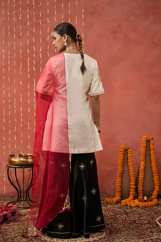 Ivory Roli Silk Embroidered Short Kurta And Sharara Set by Shivani Bhargava available on Indiaspopup.com