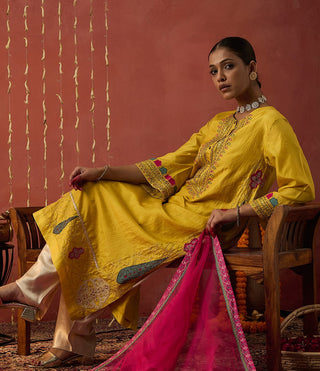 Yellow Pragaya Embroidered Silk Kali Kurta Set by Shivani Bhargava available on Indiaspopup.com
