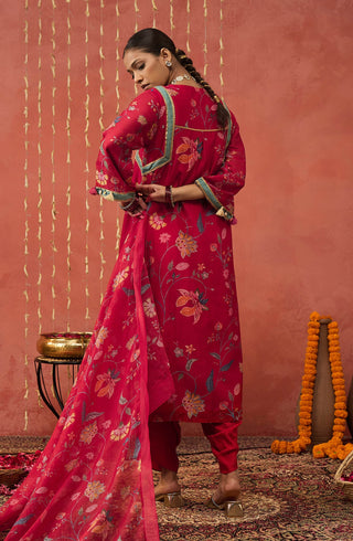 Red Karuna Chintz Chanderi Long Kurta Set by Shivani Bhargava available on Indiaspopup.com