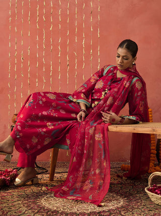 Red Karuna Chintz Chanderi Long Kurta Set by Shivani Bhargava available on Indiaspopup.com