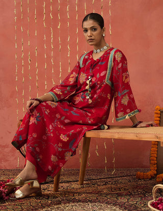 Red Karuna Chintz Chanderi Long Kurta Set by Shivani Bhargava available on Indiaspopup.com