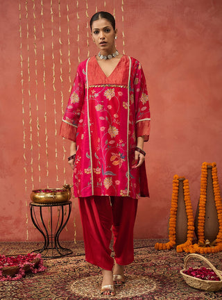 Red Rati Chintz Chanderi Short Kurta And Dhoti by Shivani Bhargava available on Indiaspopup.com