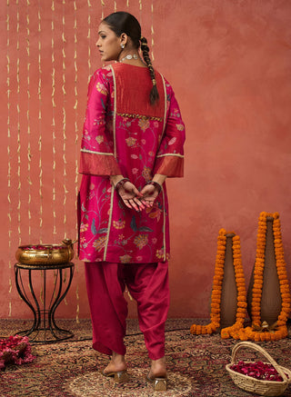 Red Rati Chintz Chanderi Short Kurta And Dhoti by Shivani Bhargava available on Indiaspopup.com