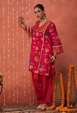 Red Rati Chintz Chanderi Short Kurta And Dhoti by Shivani Bhargava available on Indiaspopup.com