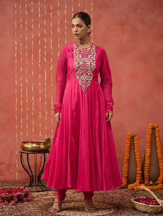 Fuchsia Pink Shubha Embroidered Anarkali Set by Shivani Bhargava available on Indiaspopup.com