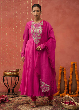 Fuchsia Pink Shubha Embroidered Anarkali Set by Shivani Bhargava available on Indiaspopup.com