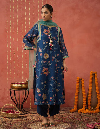 Blue Ramani Chintz Long Kurta Set by Shivani Bhargava available on Indiaspopup.com