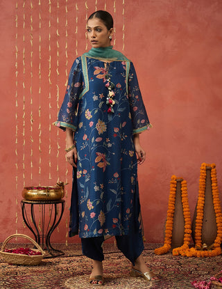 Blue Ramani Chintz Long Kurta Set by Shivani Bhargava available on Indiaspopup.com