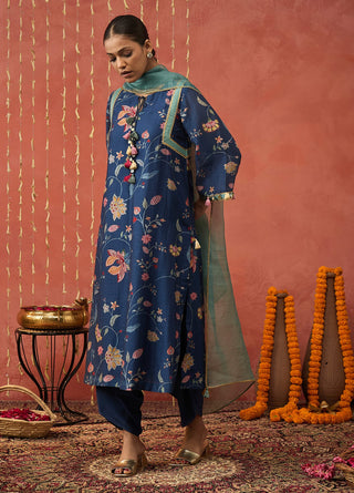 Blue Ramani Chintz Long Kurta Set by Shivani Bhargava available on Indiaspopup.com
