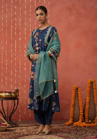 Blue Ramani Chintz Long Kurta Set by Shivani Bhargava available on Indiaspopup.com