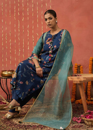 Blue Ramani Chintz Long Kurta Set by Shivani Bhargava available on Indiaspopup.com