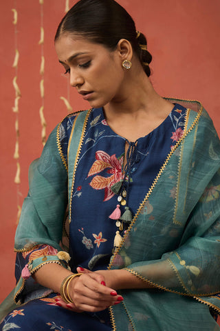 Blue Ramani Chintz Long Kurta Set by Shivani Bhargava available on Indiaspopup.com