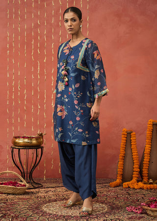 Blue Vadhu Chintz Short Kurta And Dhoti by Shivani Bhargava available on Indiaspopup.com
