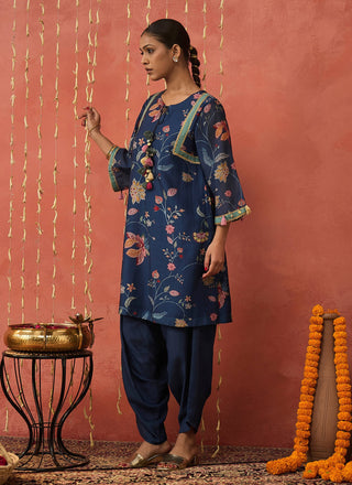 Blue Vadhu Chintz Short Kurta And Dhoti by Shivani Bhargava available on Indiaspopup.com