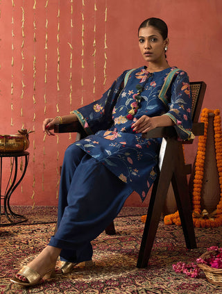 Blue Vadhu Chintz Short Kurta And Dhoti by Shivani Bhargava available on Indiaspopup.com