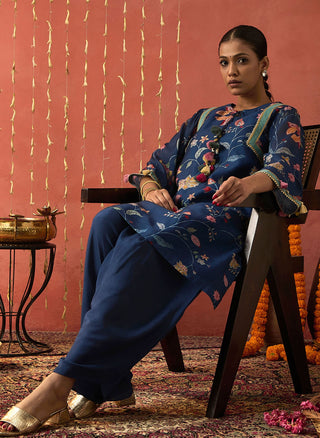Blue Vadhu Chintz Short Kurta And Dhoti by Shivani Bhargava available on Indiaspopup.com