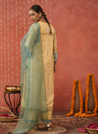 Mustard Manjari Mughal Jaal Long Kurta Set by Shivani Bhargava available on Indiaspopup.com