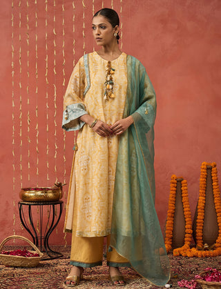 Mustard Manjari Mughal Jaal Long Kurta Set by Shivani Bhargava available on Indiaspopup.com