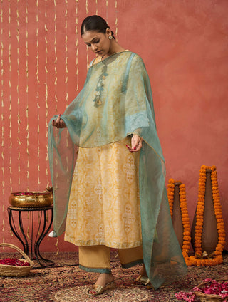 Mustard Manjari Mughal Jaal Long Kurta Set by Shivani Bhargava available on Indiaspopup.com