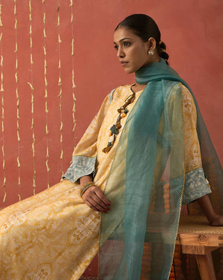 Mustard Manjari Mughal Jaal Long Kurta Set by Shivani Bhargava available on Indiaspopup.com