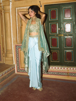 Powder blue drape satin skirt and cape set