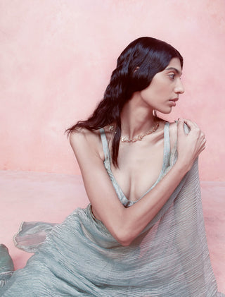 Seaweed Green Tissue Sari With Unstitched Blouse by Ekaya available on Indiaspopup.com