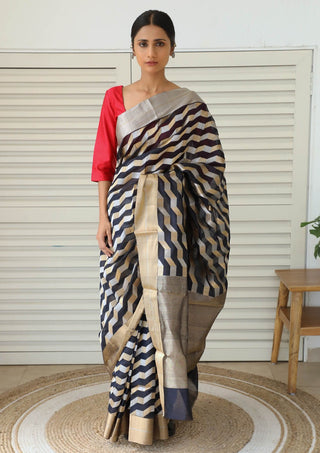 Dharki By Brijesh Gupta-Itta Black And Gold Chanderi Sari-INDIASPOPUP.COM