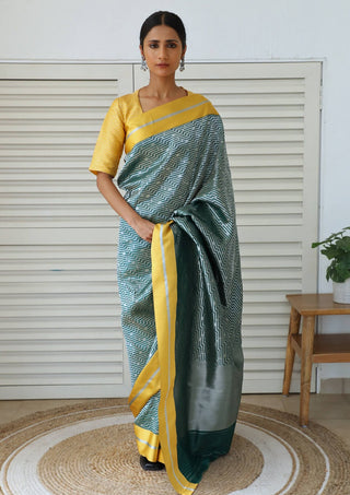 Dharki By Brijesh Gupta-Dhara Green Yellow Silk Sari-INDIASPOPUP.COM