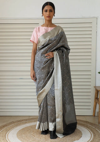 Dharki By Brijesh Gupta-Dhara Black Silver Silk Sari-INDIASPOPUP.COM