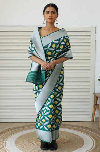 Dharki By Brijesh Gupta-Ajara Bottle Green Yellow Sari-INDIASPOPUP.COM