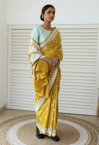 Dharki By Brijesh Gupta-Salal Buti Mustard Katan Silk Sari-INDIASPOPUP.COM