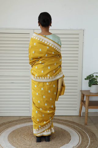 Dharki By Brijesh Gupta-Salal Buti Mustard Katan Silk Sari-INDIASPOPUP.COM