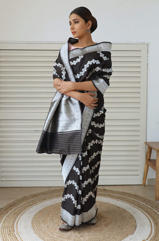Dharki By Brijesh Gupta-Laheriya Black Katan Silk Sari-INDIASPOPUP.COM