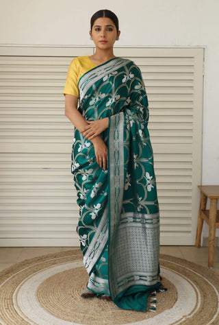 Dharki By Brijesh Gupta-Bottle Green Katan Silk Sari-INDIASPOPUP.COM