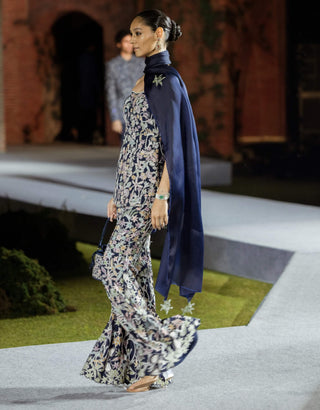 Navy blue caradonna off-shoulder top and sharara set