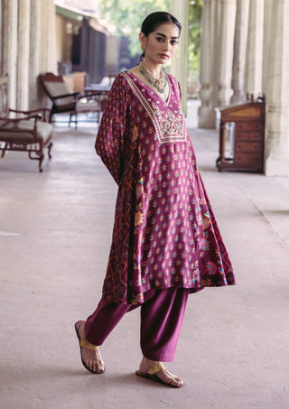 Drishti & Zahabia-Plum Printed Kalidar Kurta And Salwar-INDIASPOPUP.COM