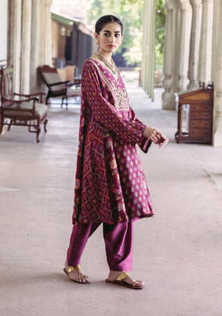 Drishti & Zahabia-Plum Printed Kalidar Kurta And Salwar-INDIASPOPUP.COM