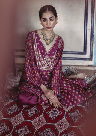 Drishti & Zahabia-Plum Printed Kalidar Kurta And Salwar-INDIASPOPUP.COM