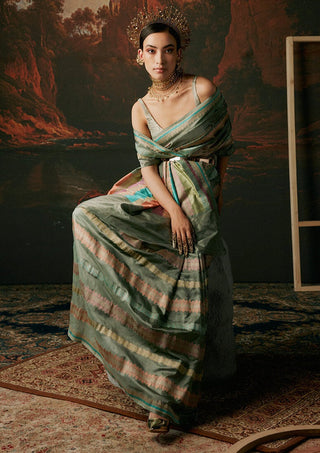 Ekaya-Dusty Blue Silk Sari And Unstitched Blouse-INDIASPOPUP.COM