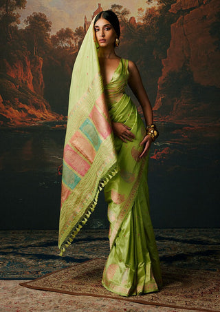 Ekaya-Green Silk Sari And Unstitched Blouse-INDIASPOPUP.COM