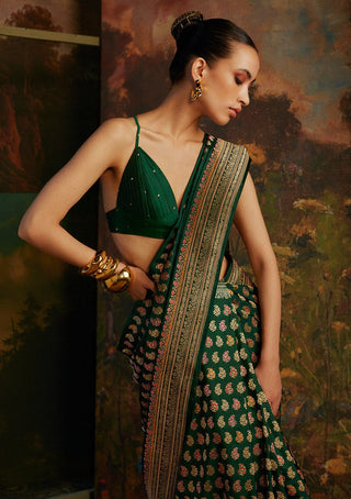 Ekaya-Green Handwoven Silk Sari And Unstitched Blouse-INDIASPOPUP.COM