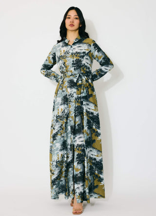 Gold, gray and black toile shirt dress