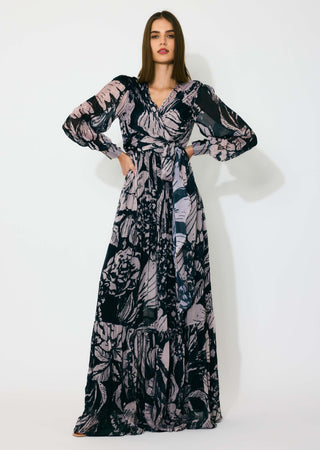 Dark blue and dark peach floral wrap dress