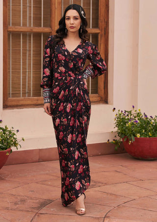 Chhavvi Aggarwal-Black Printed Draped Dress-INDIASPOPUP.COM