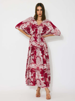 Peach, red and cream toile print kaftan dress