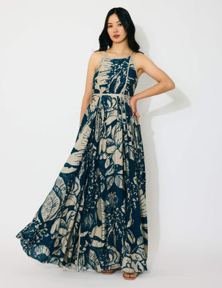 Blue and beige floral sleeveless long dress