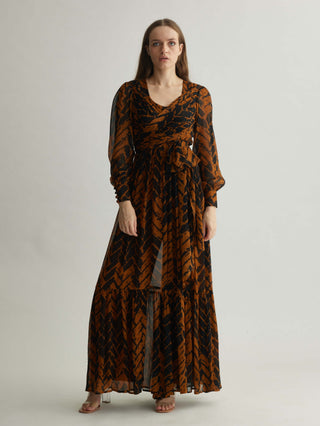 Rust And Black Chevron Print Wrap Jumpsuit by Koai available on Indiaspopup