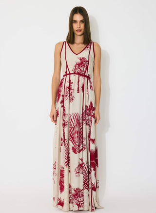 Beige and red floral sleeveless long dress