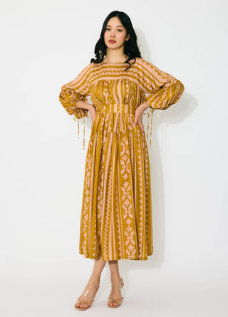 Mustard and peach pattern midi dress
